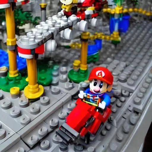 Prompt: a photo of realistic plumber mario in a roller coaster, lego mini figures