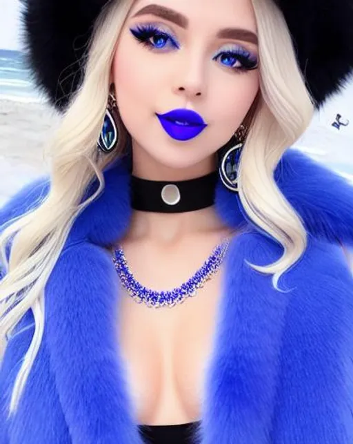 Prompt: Latina eating candy ice cream, blue lipstick, snowy beach, blue heart necklaces, Thick blue fur coat, Black Cape, pleasant face, blue spiral eyes, Black-purple eyeshadow, long ice earrings. Cold color scheme, ultradetailed, 8k resolution, perfect, smooth, high quality, shiny. 