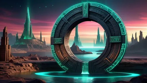 Prompt: magical portal between cities realms worlds kingdoms, circular portal, ring standing on edge, upright ring, freestanding ring, hieroglyphs on ring, complete ring, ancient aztec architecture, atlantis city plaza setting, aurora borealis, panoramic view, dark night, futuristic cyberpunk tech-noir setting