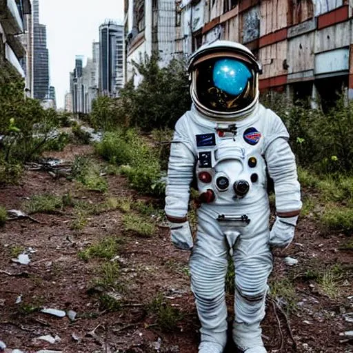 Prompt: spaceman exploring an abandoned  and destroyed cityscape now overrun with new and strange vegetation 