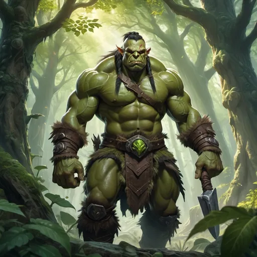 Prompt: character art, concept art, fantasy art, dungeons and dragons, cinematic lighting, HDR, 8k, lush forest background, a muscular green orc barbarian