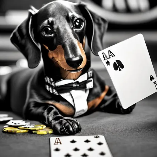 Prompt: Dachshund black and white with a cigar playing poker