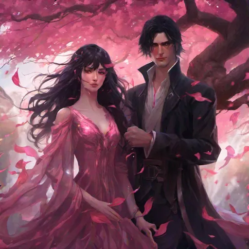 Prompt: young couple, pale, darkly handsome young man with long, uneven black hair, pretty girl with fuchsia eyes, mahogany hair, magic, witch, crimson cascade weeping peach tree, concept art, epic lighting, finely-tuned, octane rendering
