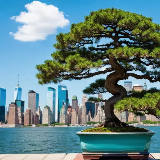 Prompt: Bonsai tree with New York city background in the style of Van Gogh in 16x9 aspect ratio