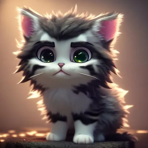 Prompt: A kitten batting garn realistic fluffy very cute and chibi eyes calm lighting