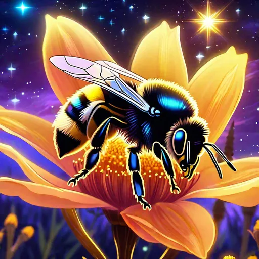 Prompt: A translucent bumblebee that is glowing, on a flower, beneath the stars, sunrise, bioluminescent, highres, best quality, concept art