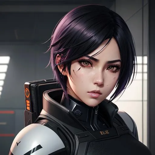 Prompt: Special unit, police, female, SEK, Justice, anti-mafia, black bulletproof armor, short dyed hair, scar across the face, anime character,  detailed,  vibrant,  anime face,  sharp focus,  character design,  wlop,  artgerm,  kuvshinov,  character design,  unreal engine