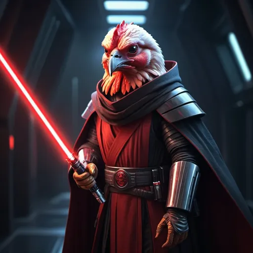 Prompt: sith chicken wielding a red lightsaber, detailed armor and cloak, high quality, digital illustration, sci-fi, fantasy, cool tones, intense lighting