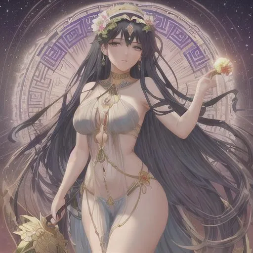 Prompt: Persefone wearing a greek chiton, segurando uma flor na mão. Dark long hair. masterpiece of girl’s face and body symmetry! Alphonse mucha 8k resolution concept art 