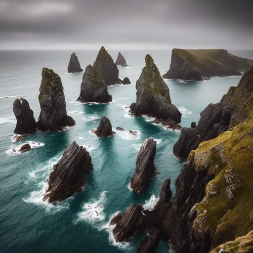 Prompt: a cinematic west of ireland sea stack with birds flying above


