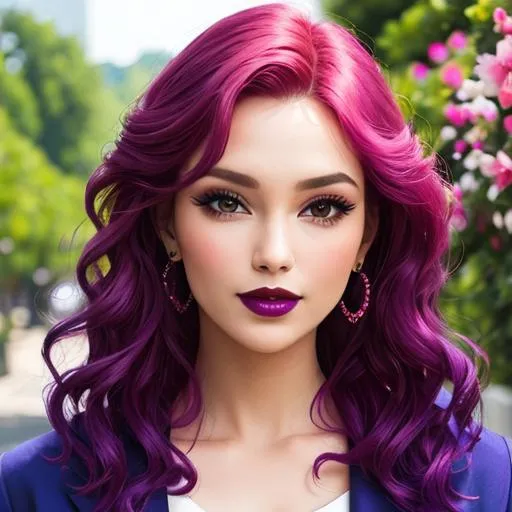 Prompt: a beautiful woman , lots of pretty colorful flowers, magenta hair, magenta lips