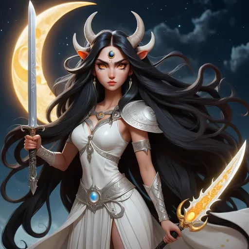 Prompt: Midnight girl with half sun and half moon, bright white, shining eyes, long black hair, horns, holding magic sword with moon and sun symbol, fantasy, magic, detailed eyes, intricate horns, flowing hair, highres, fantasy art, magical, celestial lighting
