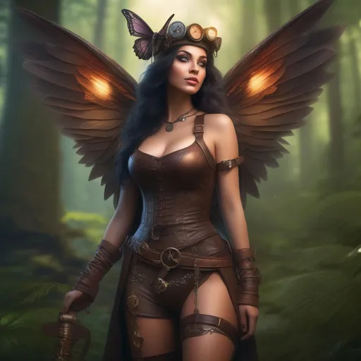 Prompt: Epic. Cinematic. 4k.  8k.  Wide angle. Full body shot. Hyper realistic painting. Concept art. matte painting. Detailed Illustration. photo realistic. A beautiful, buxom woman with broad hips. extremely colorful, bright eyes,  standing in a forest by a sleepy town. Shes a Steam Punk style witch.  A Winged fairy, with a skimpy, very sheer, gossamer, flowing outfit.  A picturesque Halloween night.  Octane render. Trending on artstation.