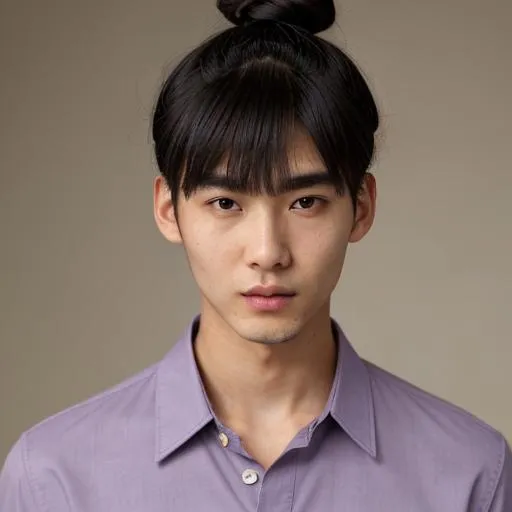 Prompt: A warm complexion 24 year-old tall, 6'1", skinny, Korean man. With brown eyes, square-jaw, and black hair. He has a top knot bun with bangs hairstyle and only has a facial hair on chin, He wears a lavender button-up shirt and tan chinos. He is overly wimpy and awkward  too and has bangs too.