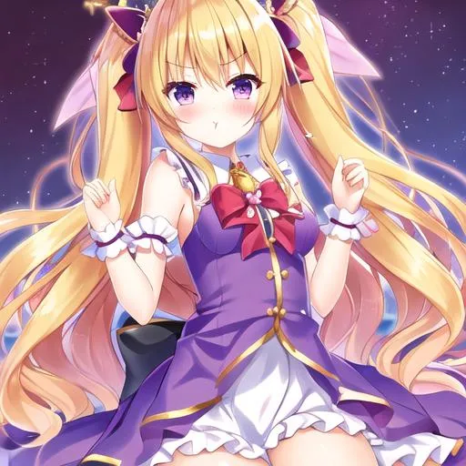Prompt: long hair, hime, pout, crown, yami kawai style, purple dress, blond hair, twin tails hairstyle