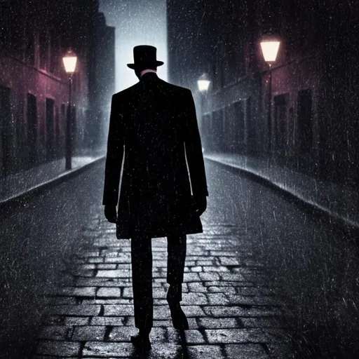 Prompt: A slender man with a black wet overcoat with a hidden face and a fedora hat and 1920s suite in an empty narrow street near a pole and moonlit night sky, portrait a bit zoomed photo realistic, with his back facing