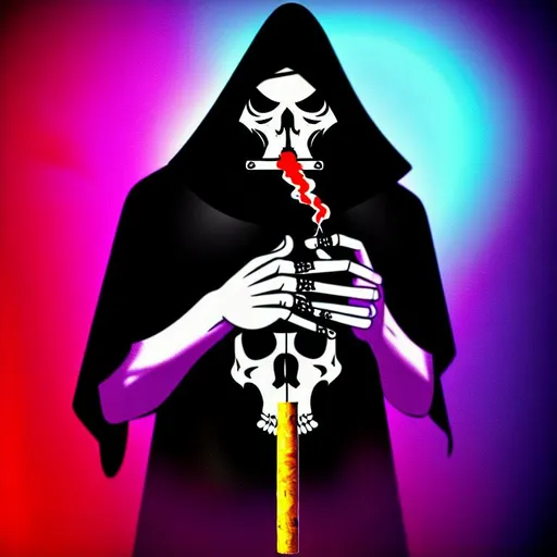 Prompt: Grim reaper as a hippie, smoking a doobie, vibing with music in the air.  Cinematic frame, insane detail, UHD, soft mysticism, high contrast,