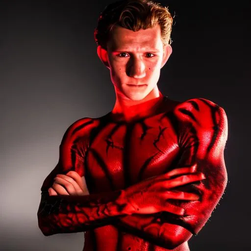 Prompt: Tom Holland, with devil horns, with a demon tail, red skin