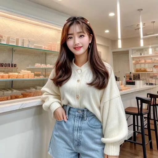 Prompt: HD photo of a Cute Korean woman in a cute korean bakery. Happy, Instagram photo, beautiful, Korean, k-beauty, makeup, lipstick, cutie, skinny