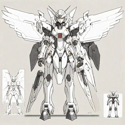 Prompt: draw me a sci-fi armored girl with an exposed human chest part and white colored armor, the right hand are mechanical arm bigger than the left arm, with a silver big booster and black wings at the girl's back. the head are Gundam head and face with a human eyes. picture style like a Gundam model line art. full body view from front and back view. render anime cell shading color