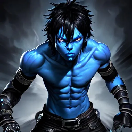 Prompt: man, blue skin, black hair, dark sclera, blue irises, fighting pose, metal wristbands, metal mouth, detailed face and body