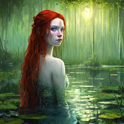 Prompt: Lady of the lake with red hair. hiperrealist and ultradetailed hd.
Main color are green and blue.
She is in the middle of the swamp and the environmet is composed by trees and shadows