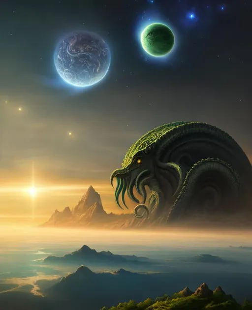 Prompt: Cthulhu, planet and stars in sky, intricate, masterpiece, hyper detailed, firestorm, 8k, neon highlights, HDR, Highly Detailed, perfect composition, photo real, realistic, super detailed, 8k, high quality, sharp focus, intricate details, highly detailed, masterpiece