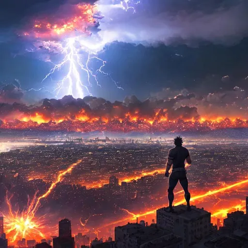 Prompt: Man floating in the air, city in background, lightning striking city in the background, mountains in background behind city, explosions in foreground, battle scene, anime fight scene, large scale battle scene