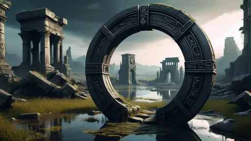 Prompt: magical portal between cities realms worlds kingdoms, circular portal, ring standing on edge, upright ring, freestanding ring, hieroglyphs on ring, broken ring, ruins, crumbling pillars, broken archways, ancient roman architecture, swamp wilderness setting, panoramic view, futuristic cyberpunk tech-noir setting