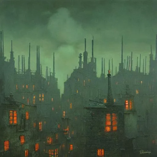 Prompt: Beksinski Steampunk city rooftops with chimneys throwing smoke, dark-green colours, dark-green sky, fog