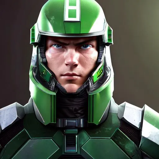 Prompt: A space soldier commander stands towards you with a serious look in his eyes. He is in his late 20's. He has green armor on.