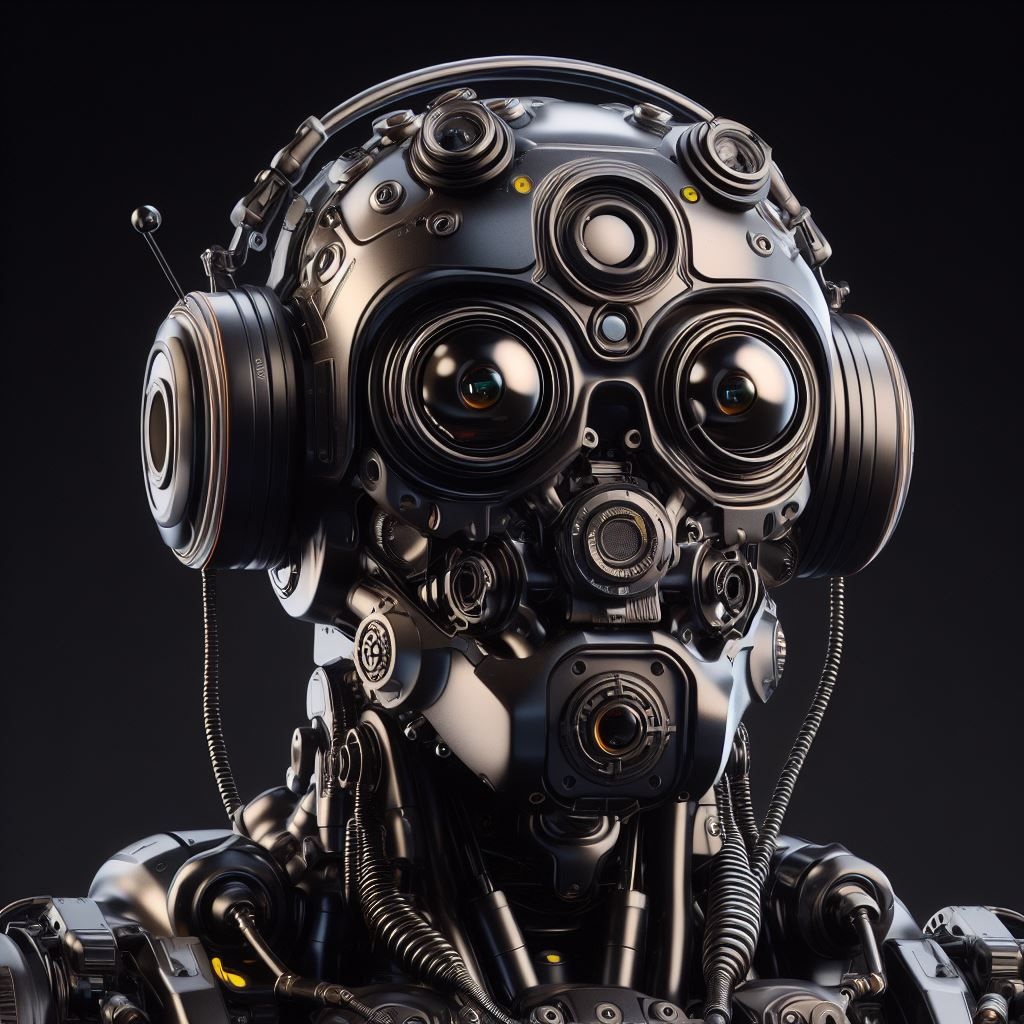 Prompt: a big robot with earphones and a camera, in the style of beeple, shiny eyes, brothers hildebrandt, cyril rolando, close up, bulbous, octane render