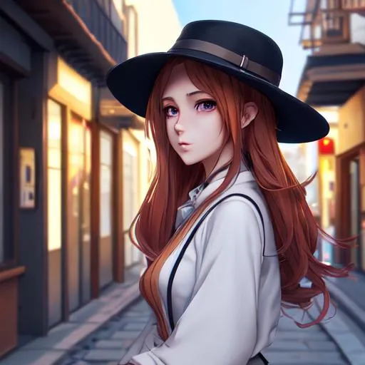 Prompt: photograph of beautiful anime girl with hat in modern street, very beautiful face, basque clothes, smooth hair, highly detailed, 4k rendered, ambient lighting, unity
