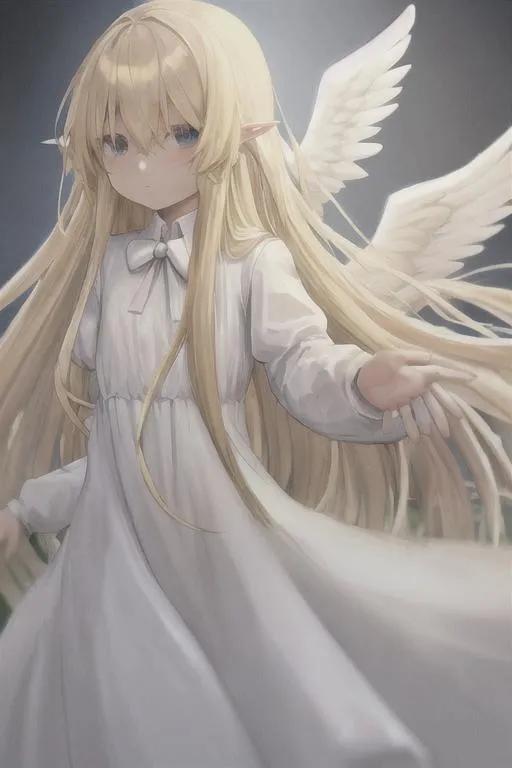 Prompt: Long blonde hair, angel wings, white dress