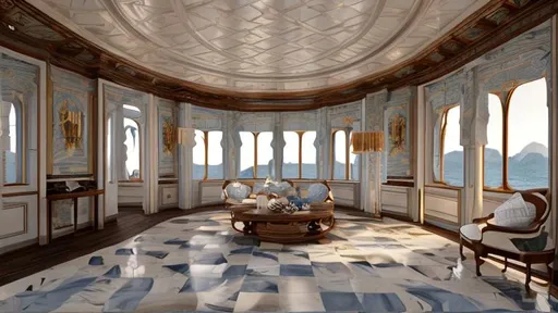 Prompt: a palace house interior inspired on a modern sailing yatch with marine walls with arch windows that look to a meadow at  cloudy sunrise and rounded white and marine blue checkerboard floors 