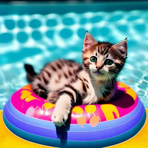 Prompt: Kitten lounging on a colorful floatie in a vibrant pool, bright and sunny, high quality, realistic, cute, playful, summer vibes, detailed fur, sparkling water, tropical setting, warm and inviting lighting, poolside relaxation