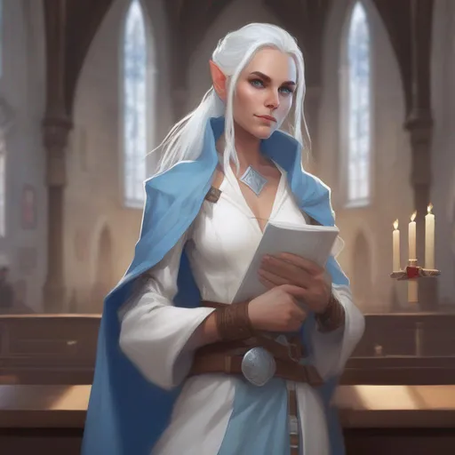 Prompt: dnd a female elf with long white hair in a loose bun and blue eyes wearing a light blue and white robe and a leather chest plate in a church 