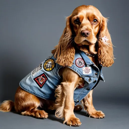 Prompt: cocker spaniel wearing a heavy metal music denim vest with patches
