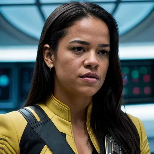 Prompt: Michelle Rodriguez in a Starfleet uniform. {Star Trek: The Next Generation}