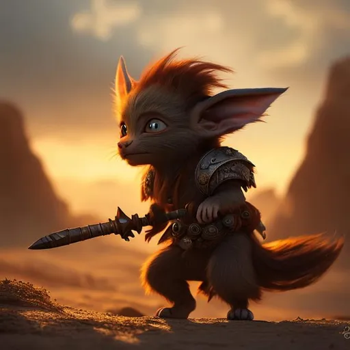 Prompt: Small hairy goblin, red hair, big ears, big eyes, armor, bones, sun set, rocks, adventure, fantasy, smokey, tribal, warrior, wild, sandy, dry