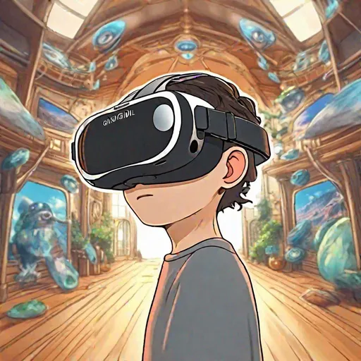 Prompt: a person wearing vr goggles, magnificent VR scene in front of them, expand the scene outwards from the goggles, studio ghibli style