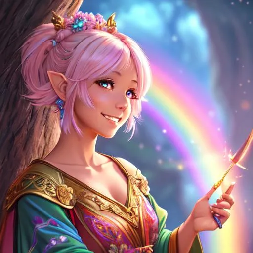 Prompt: oil painting, fantasy, Pixie girl, tanned-skinned-female, beautiful, short bright rainbow hair, straight hair, rosy cheeks, smiling, looking at the viewer, druid wearing intricate robes casting a spell, #3238, UHD, hd , 8k eyes, detailed face, big anime dreamy eyes, 8k eyes, intricate details, insanely detailed, masterpiece, cinematic lighting, 8k, complementary colors, golden ratio, octane render, volumetric lighting, unreal 5, artwork, concept art, cover, top model, light on hair colorful glamourous hyperdetailed medieval city background, intricate hyperdetailed breathtaking colorful glamorous scenic view landscape, ultra-fine details, hyper-focused, deep colors, dramatic lighting, ambient lighting god rays, flowers, garden | by sakimi chan, artgerm, wlop, pixiv, tumblr, instagram, deviantart