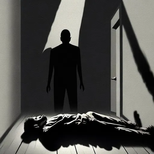 Prompt: a shadow person looms menacingly over a terrified young man laying in his bed in the dark