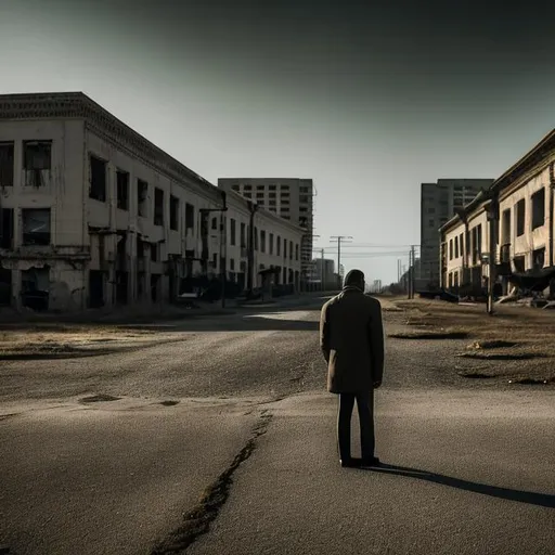 Prompt: lonely man at a distance in an abandoned city