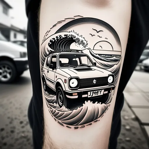 Prompt: A tattoo in black lines not colorized of a car by called jimmny by suzuki on a clif. In the background sea where a surfer is surfing on awave. the point of view is from behanind tha car