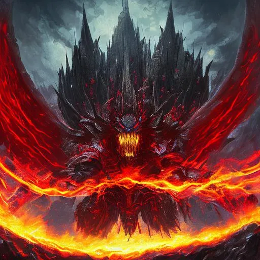 Prompt: (mega detailed) (4x+anime) Dark demon god standing, 100 feet tall, (black and red armor) (Black and red lightning blot imprint) black and red lightning skies. large sword in his hand, burning city behind