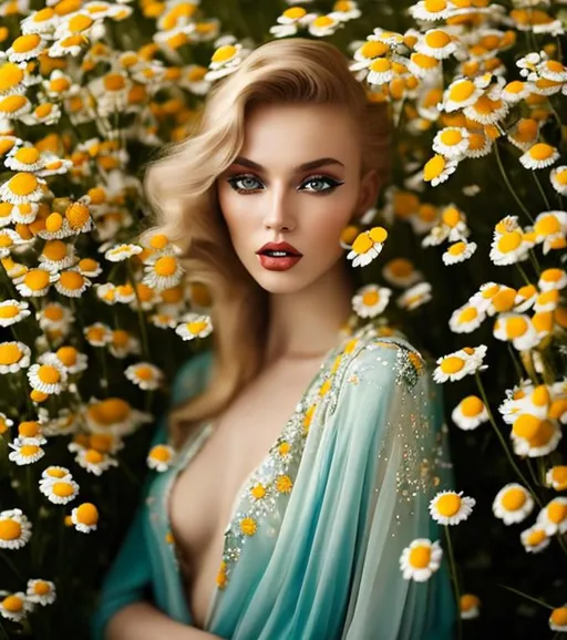 Prompt: (chamomile flowers) , (a beautiful woman with Russian features, surrounded by chamomile flowers) Russian Folklore, glistening, studio photography, thematic, high fashion, a creative photo series, ((fantastical surrealism)), centered in frame, highly stylized photoshoot, surrealist, surrealism, editorial high fashion photography, vogue style

(((NSFW!))), (Two heads), (Extra limbs), (deformed fingers), ((extra fingers!)), (((incorrect human anatomy))), blurry face, blurry eyes, (crossed eyes), (thick neck), cropped image, subject out of frame, words, logos, watermarks, poor composition, flat lighting, dull colors, plastic feeling, doll, expressionless
