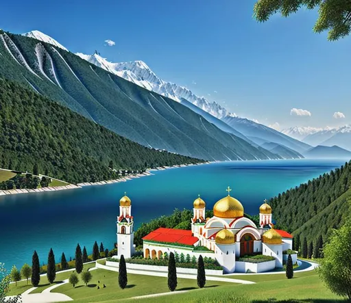 Prompt: Create Abkhazia as a country with the perfect beautiful landscape: mountains, hills, forest, Black Sea seaside, mediteranean type of trees and plants.
Use UHD graphic engine and professional 3D graphic tools to design Abkhaz traditional buildings and Abkhazian Christian Orthodox Churches. 
