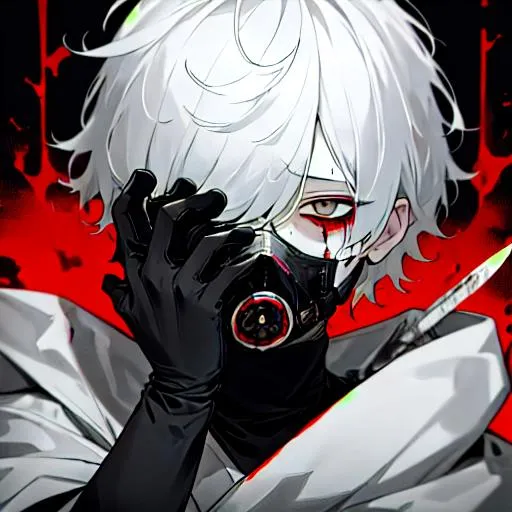 Prompt: (short white hair) 8k, UHD, close up, wearing a full face mask that covers his face and eyes, holding a knife up to his face, covered in blood, insanity, 
