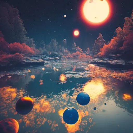 Prompt:  planets  floating in a river,photography , tilted shotHD, aesthetic, water, river